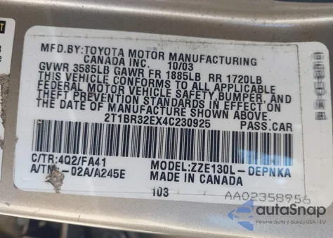 2004 Toyota Corolla Le from USA, damaged, VIN 2T1BR32EX4C230925